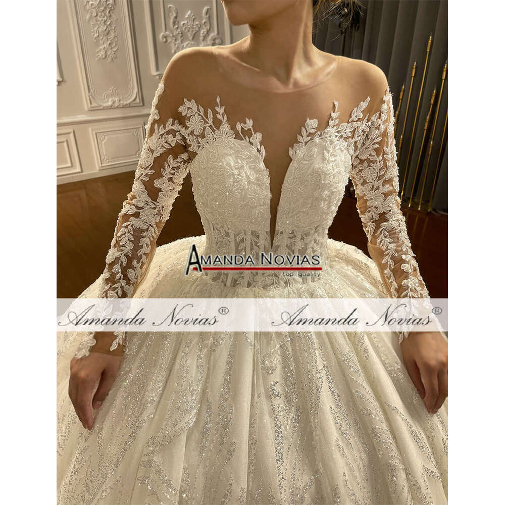 Long Sleeve Off White Ball Gown Lace Wedding Dress