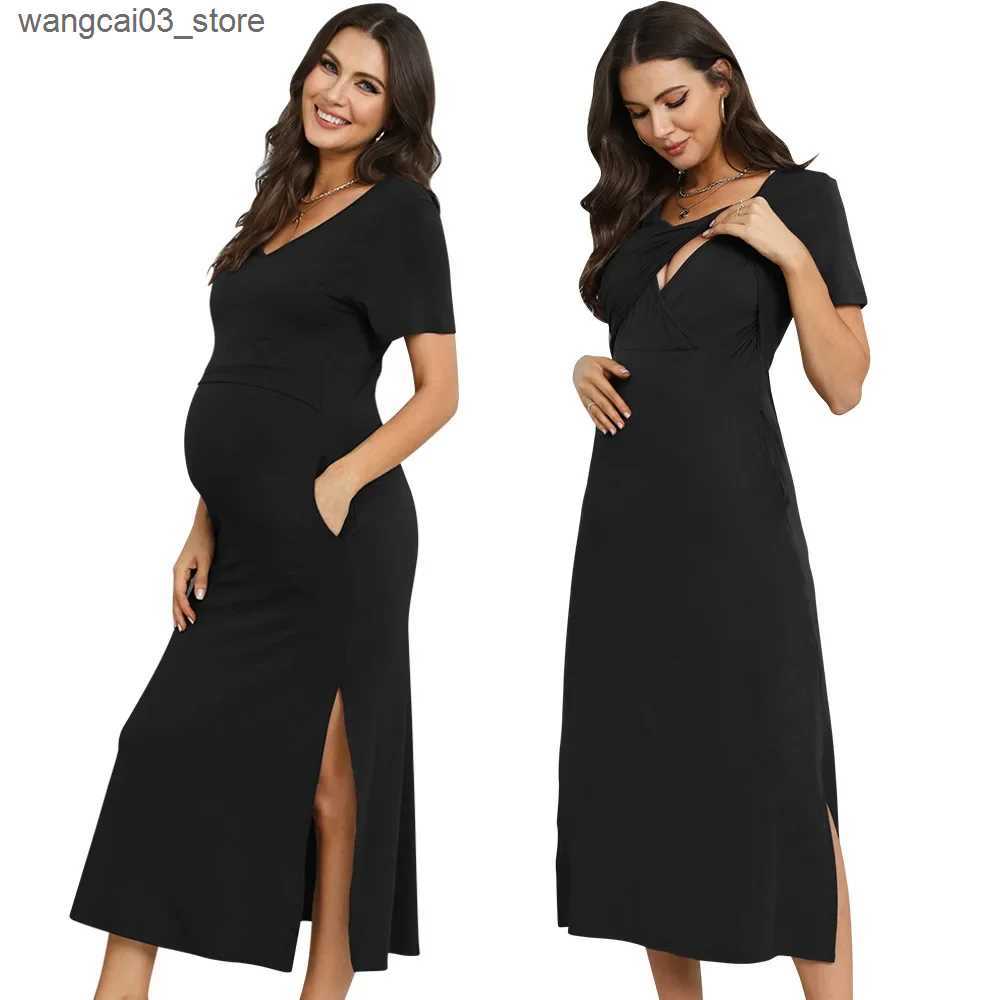 Maternity Dresses Summer Premama Nursing Dress Solid Short Sleeve Pregnant Women Baby Shower Breastfeeding Dresses Maternity Clothing Photoshoots L240