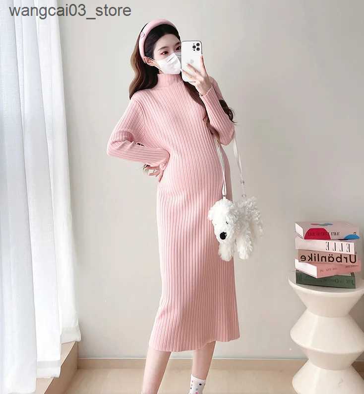 Maternity Dresses Pregnant Women Autumn Knitting Dress Solid Color Long Sleeve French Style Maternity Dress Elegant Pregnancy Basic Dress Slim L240910