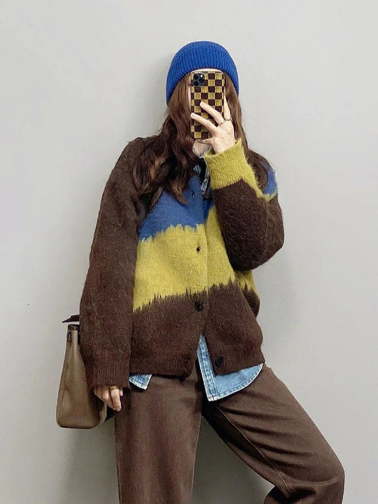 Jmprs Harajuku Vintage Cardigan Women Patchwork Korean Knitted Sweater Tops Lazy Wind Loose Casual Long Sleeve Coat 241007