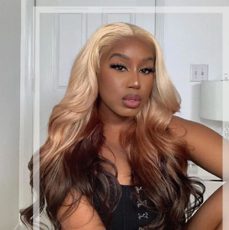 24-26 inch European and American women's lace front wig Simulation human hair blonde gradient brown long curly hair medium split chemical fiber h