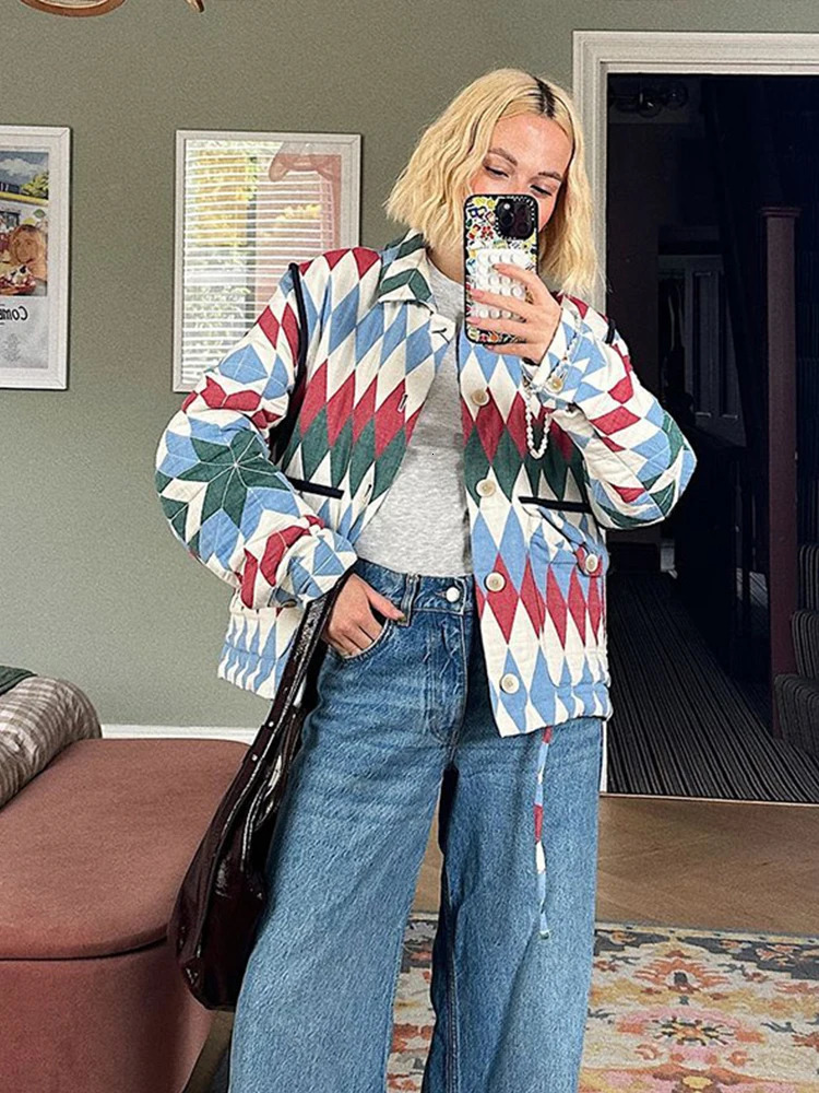 Retro printed jacket womens casual lapel single breasted long sleeved pocket womens jacket autumn womens clothing 240927