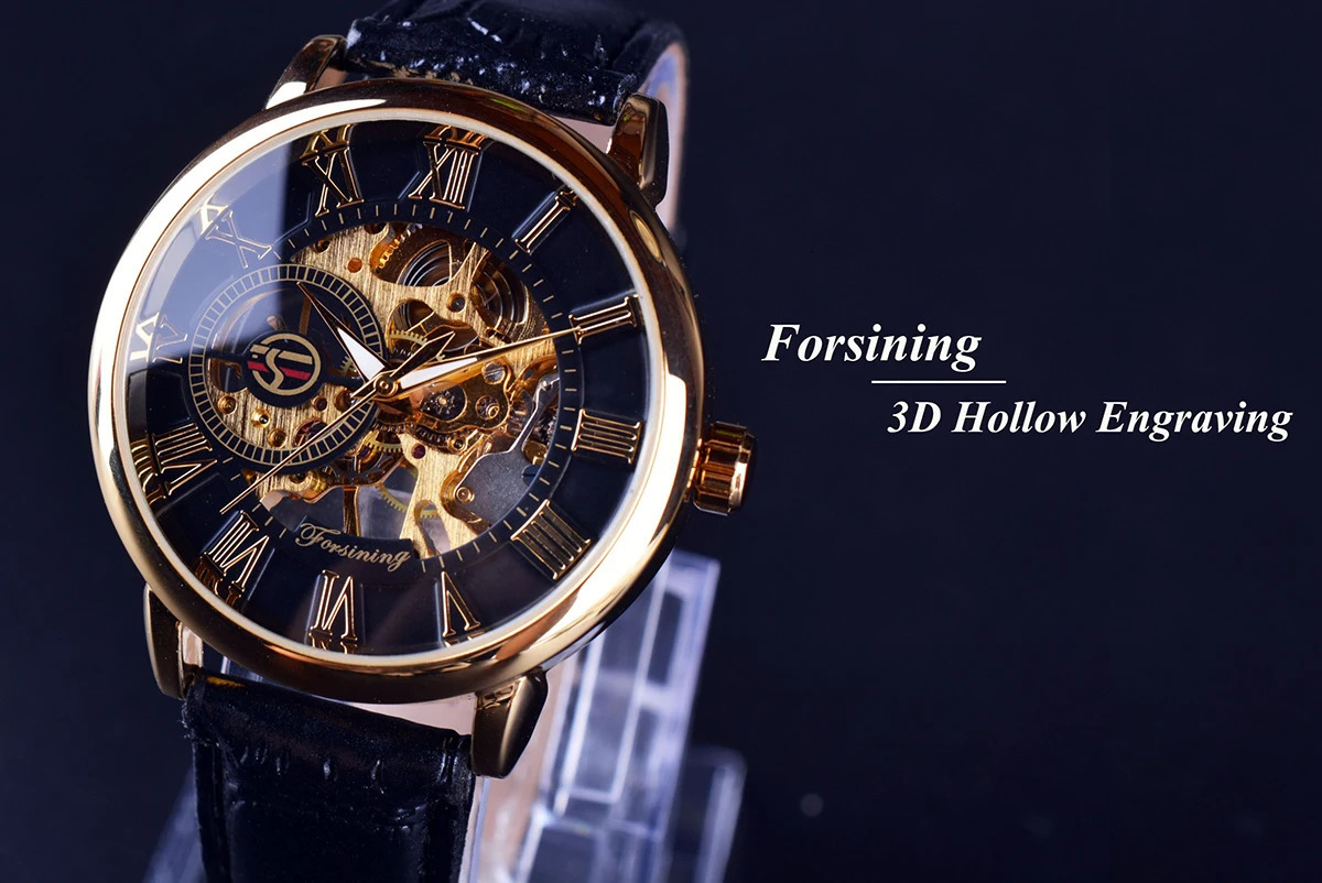 Forsining 3D Hollow Carving Black Gold Case Leather Skeleton Mechanical Watch Mens Heren Horloge 241009