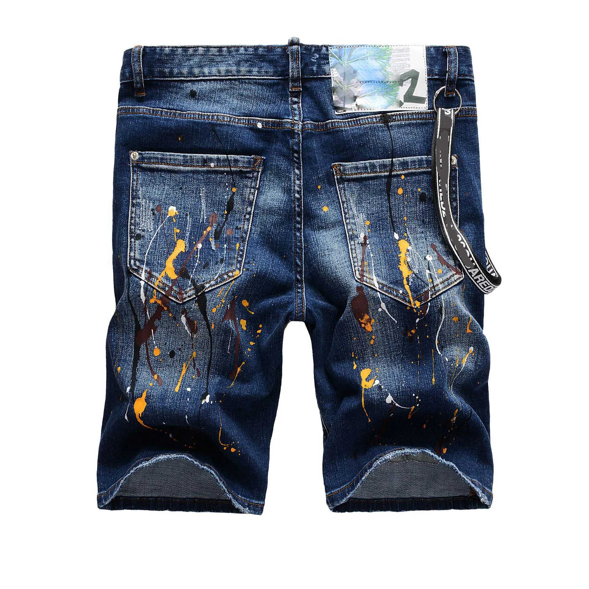 Newly arrived mens slim street blue ripped denim shorts light luxury colorful ink splattered decorative street shorts sexy casual shorts; W241010