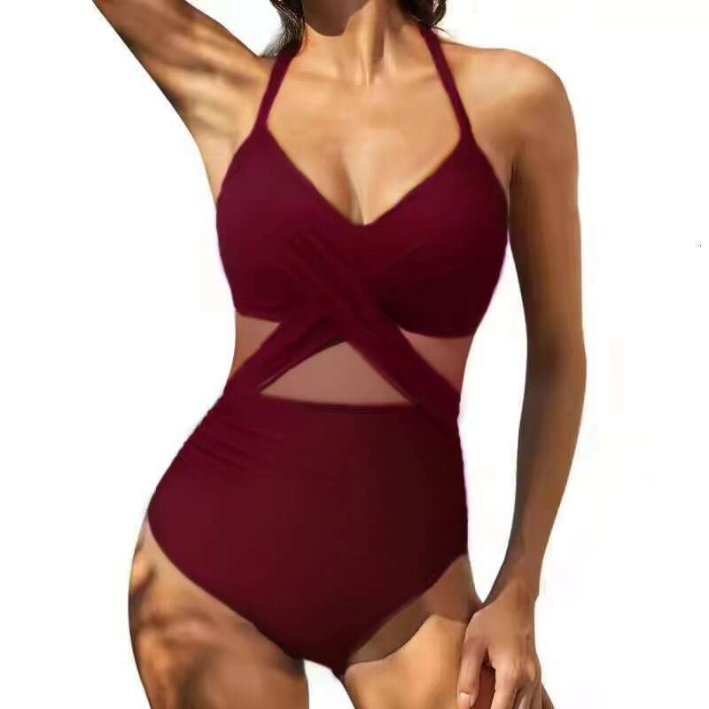 2023 New Swimsuit Cross Style Sexy Open Back Mesh Splicing One Piece Bikini Women