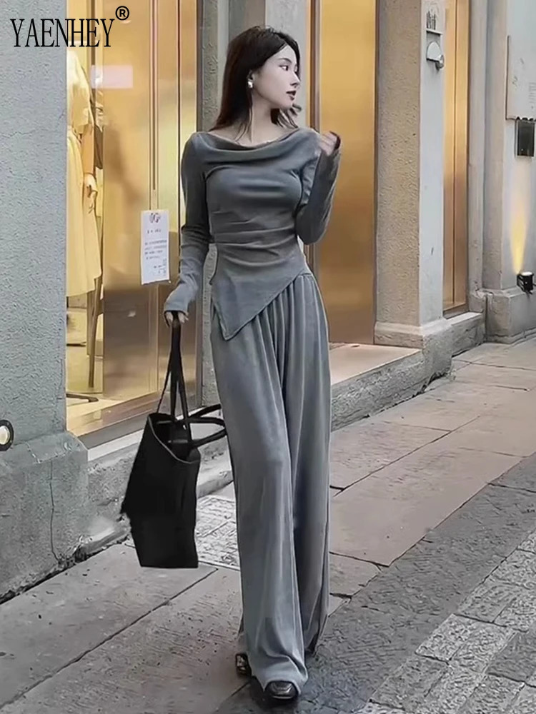 Irregular solid color slanted neck n womens soft Tshirthigh waist set thin wide leg pure style spicy girl twopiece women 241008