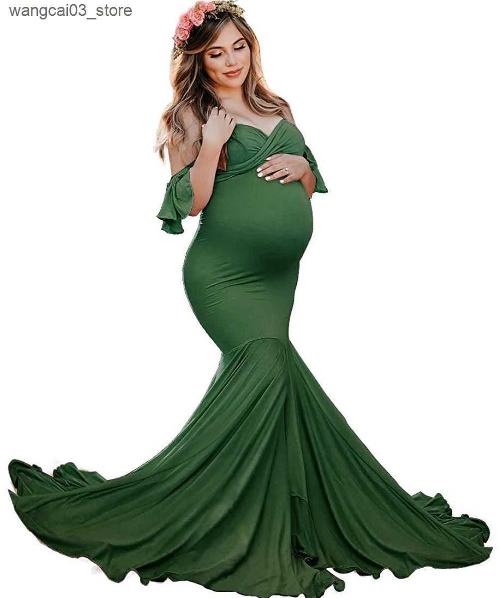 Maternity Dresses Maternity Dress Mercerized Cotton Maternity Ruffled Sleeves Crossover V-neck Trailing Dress Photography Dress L240910