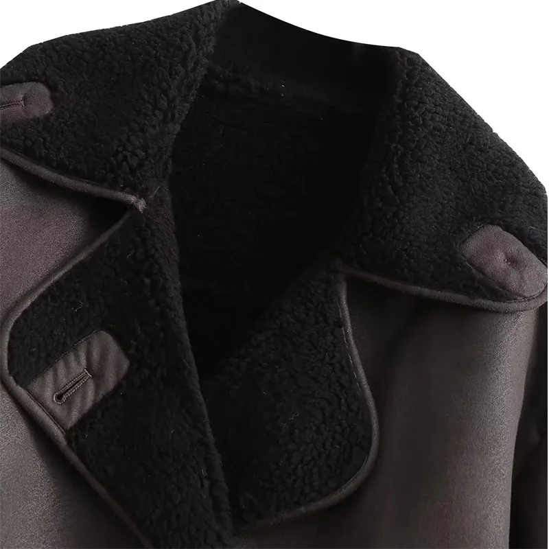 TRAF 2024 Woman Thick Faux Leather Jackets for Women Autumn Winter Warm Wool Blends Coats Demi-season Plush Jacket Outerwear