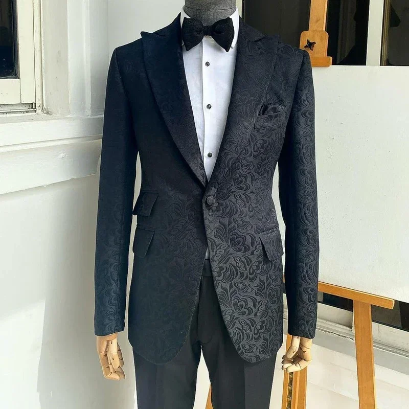 Floral Wedding Tuxedo For Groom 2 Pcs Custom Men Suits Slim Fit Peaked Lapel Custom Fashion Costume (Jacket + Pants) 2024