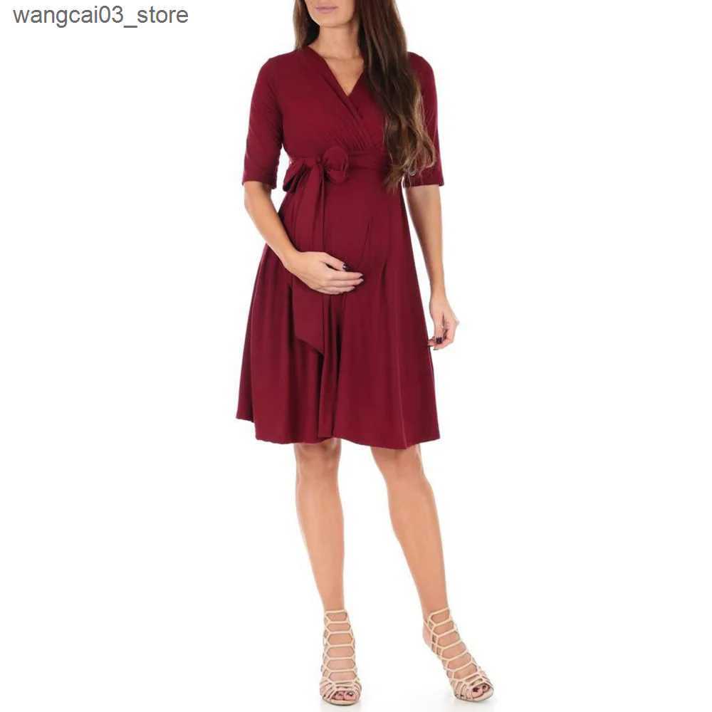 Maternity Dresses Maternity Drawstring Dress Maternity Clothes Summer Casual Pregnant Women Short Sleeve V-Neck Dress Vestidos Pregnancy Clothing L240
