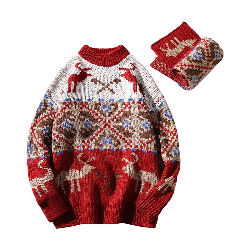 Thick Winter Sweater Mens Red O-neck Pullovers Fashion Christmas Lovers Sweater Japan Casual Loose Preppy Style Male Pullovers 241009