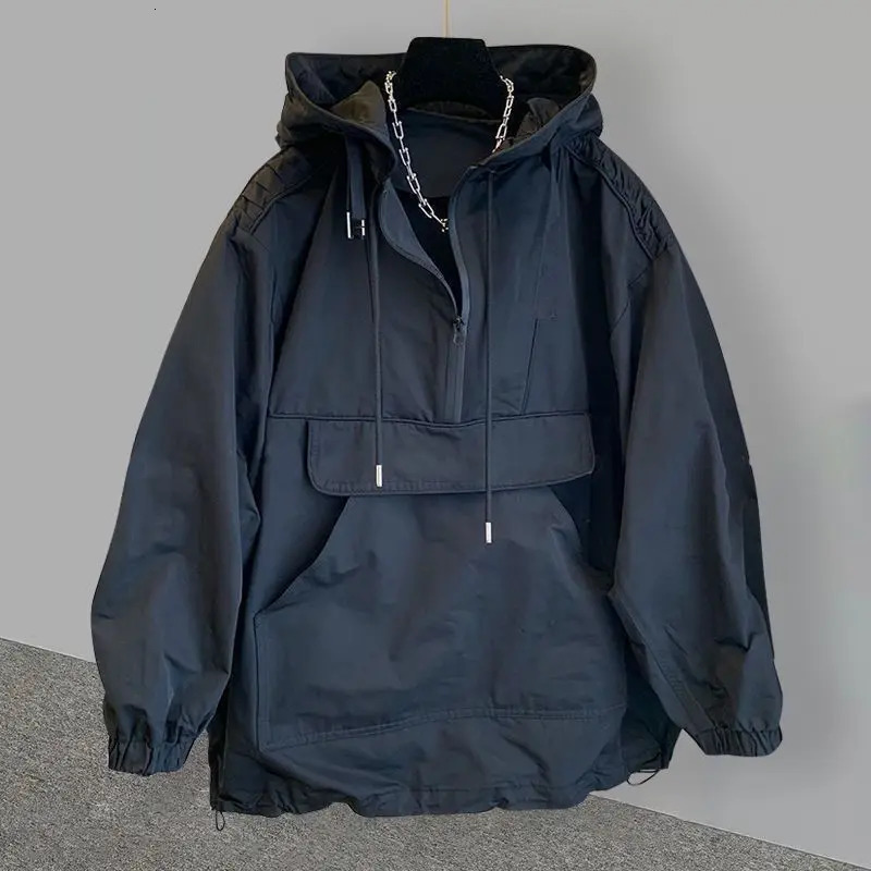 Autumn hoodie casual mens spring jacket solid pocket cargo outdoor sports travel top black windproof half zipper jacket 241010