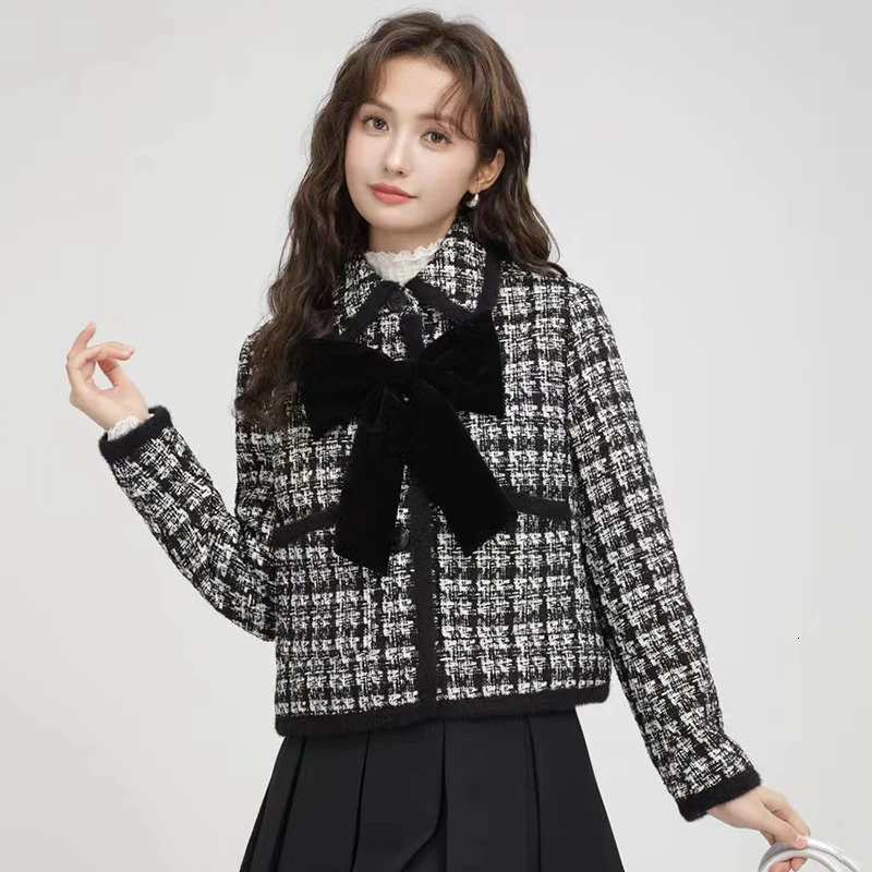 Vintage bow tweed jacket womens autumn Korean elegant single chest lapel jacket Y2K womens winter thick warm crop jacket 240930