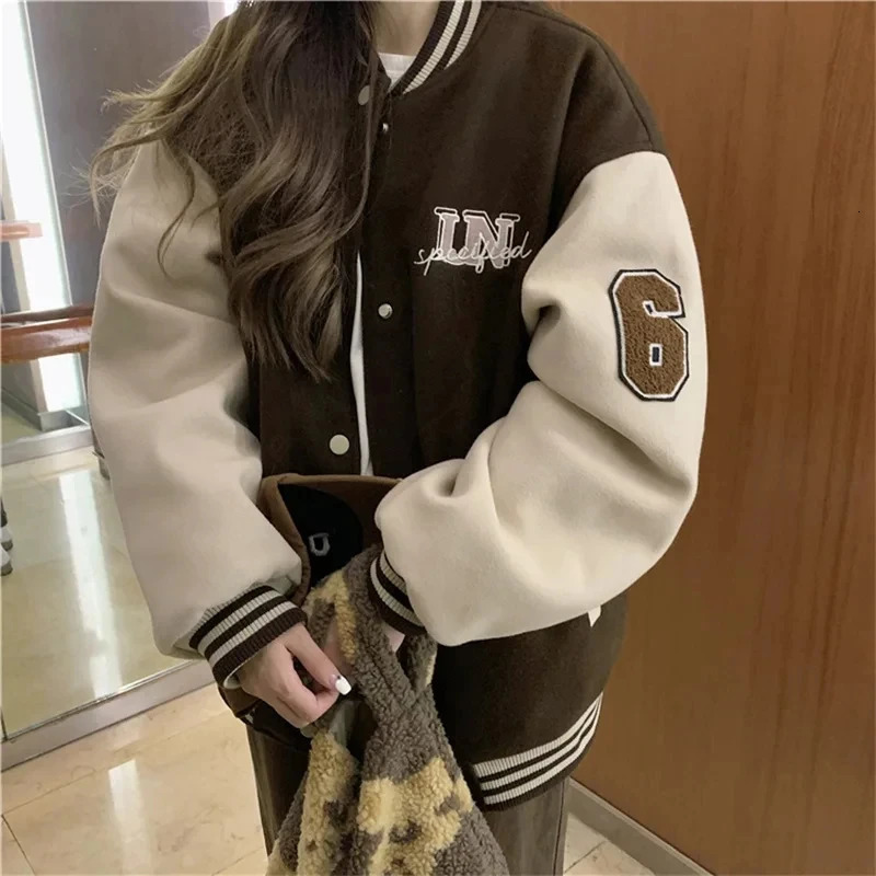 Y2k school team bomber jacket womens red brown Korean fashion winter jacket retro baseball jacket hip-hop streetwear 241011