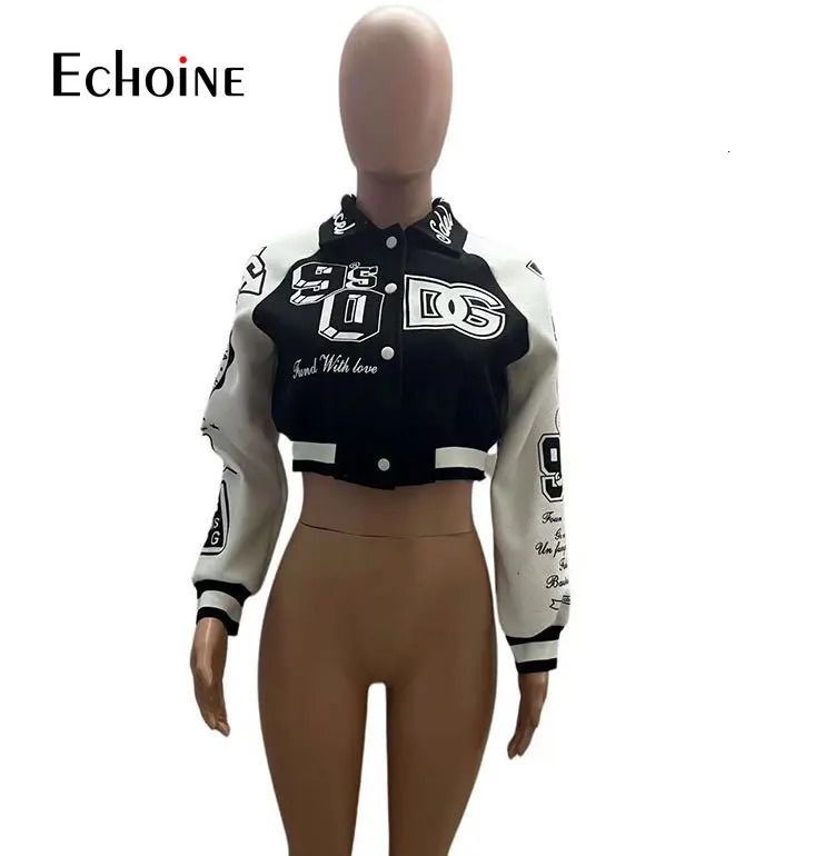 Echoine autumn womens lapel print single chest long sleeved patchwork baseball shorts street casual jacket 241011