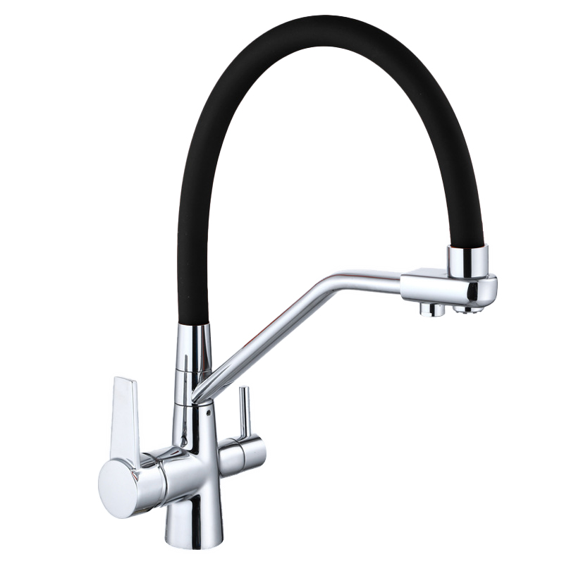 Kitchen faucet brass faucet hot and cold water faucet pure water faucet any retractable double handle faucet black tube
