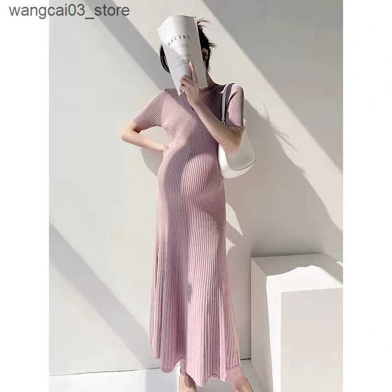 Maternity Dresses Korean Style Maternity Knitted Dress Solid Color Short Sleeve V-Neck High Waist Pregnant Woman Stretched Dresses Pregnancy Dress L24