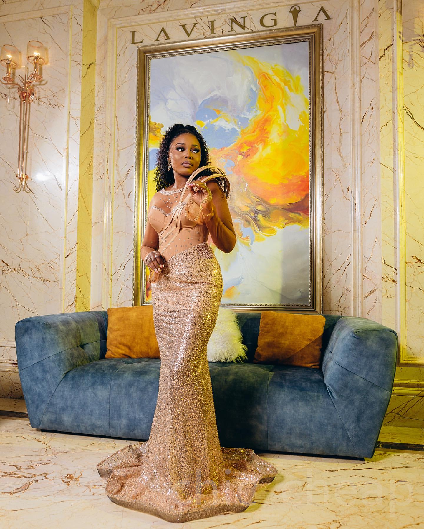 Ebi Aso Gold Illusion Mermaid Prom Dresses Sequined Rhies Full Sleeves Evening Formal Party Second Reception Birthday Gowns Dress For Special Ocns