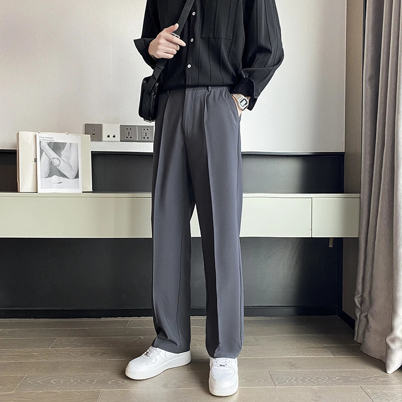 Spring and summer mens pants wide leg Trousers fashionable streetwear solid stretch waist oversized black 241010