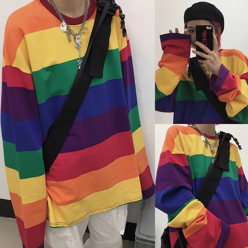 Korean Women Long Sleeve ONeck for T Shirts Harajuku Rainbow Striped Printed Pullover Tunic Tops Hip Hop Casual Dropship 241011