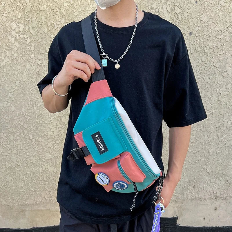 Fashionable Techwear Hip Hop Chest Waist Bag Mens Comparison Color Patch Work Waterproof Leisure Sports Cross Shoulder Bag 241008