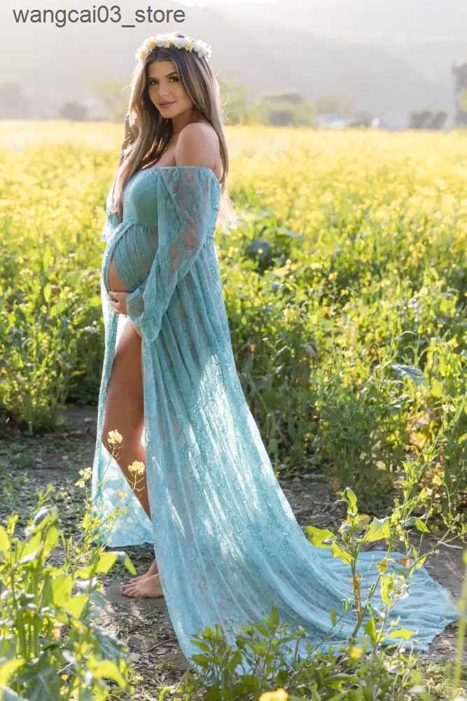 Maternity Dresses Maternity Photography Maxi Dresses Off Shoulder Mesh Lace Maternity Photoshoot Gown With Long Bell Sleeves Pregnancy Shooting L24091