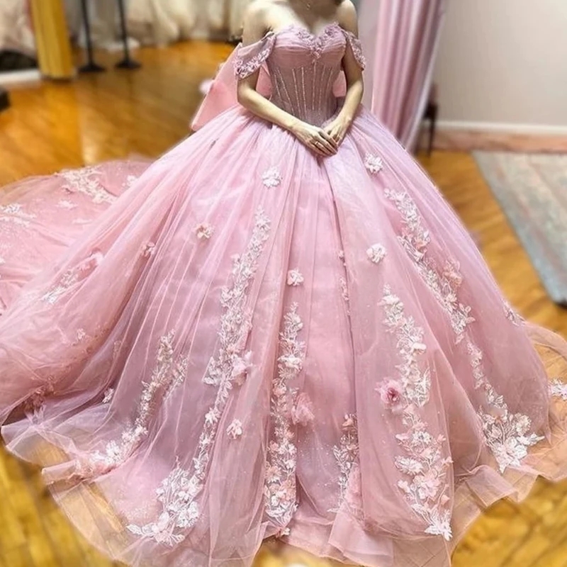 Pink Sweetheart Quinceanera Dresses Lace Flower Off The Shoulder Puffy Party Dress Crystal Beading Ball Gown Sweet 16 Dress Vestido xv 15 Anos