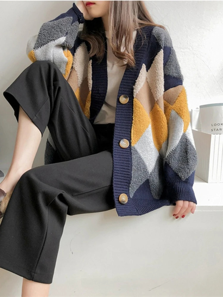 Colorfaith Plaid Chic Cardigans Button Puff Sleeve Checkered Oversized Womens Sweaters Winter Spring Sweater Tops SW658 241007