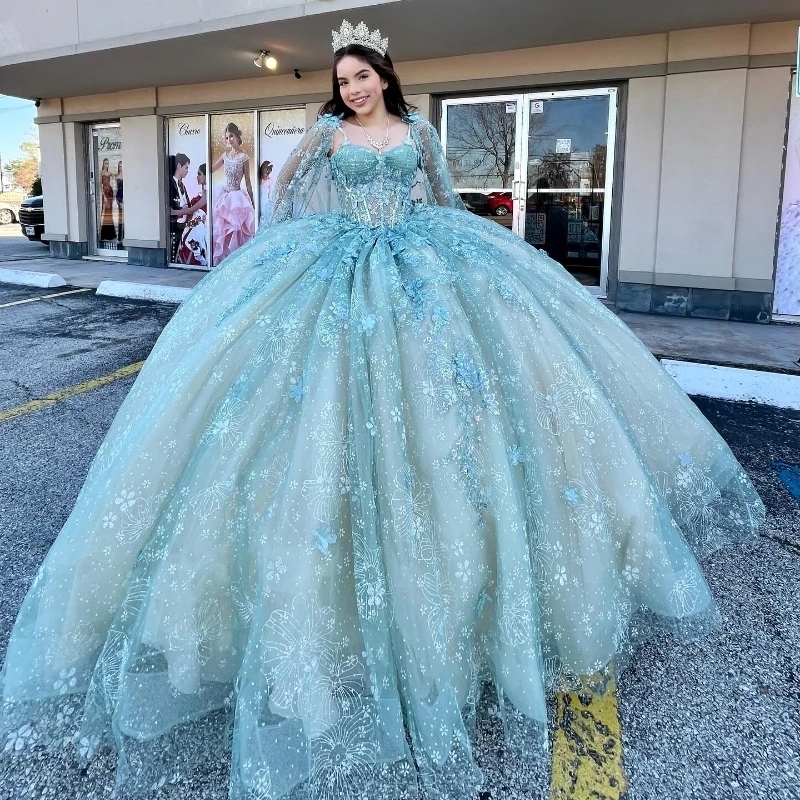 Aqua Blue Sparkly Speciaal Quinceanera Dresses Applique Lace Tull With Cape Sweet 16 Year Floral Lace-Up Birthday Party Gown Vestidos 15 Anos
