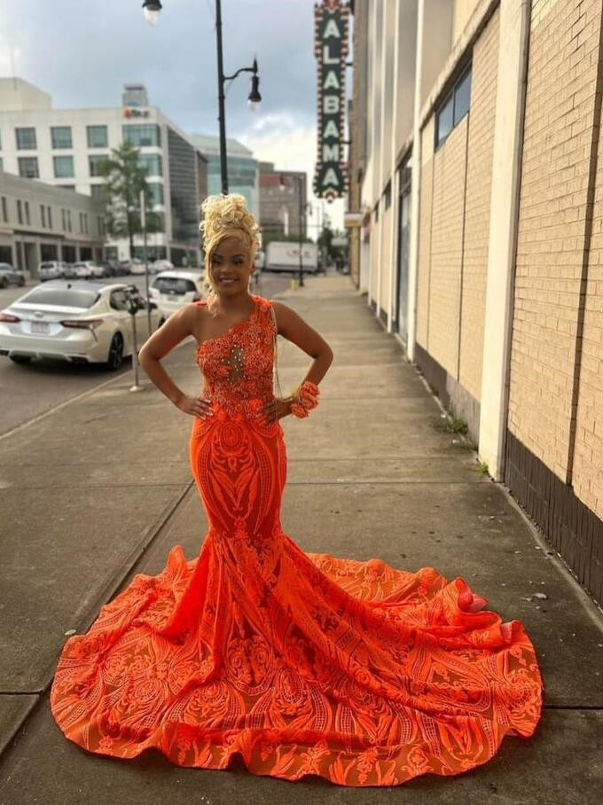 Orange Sparkly Trumpet Prom Formal Dresses for Black Girl Luxury Crystal Applique Sheer Evening Birthday Gown Sheer Mesh