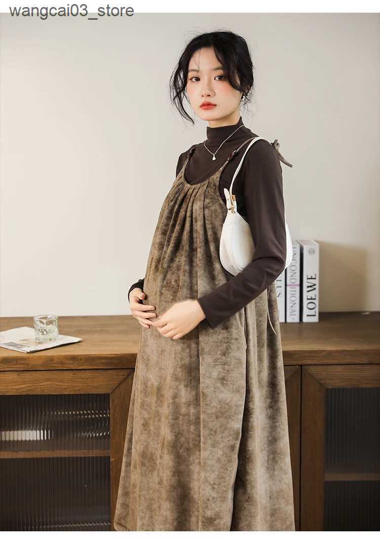 Maternity Dresses Pregnant Women Clothing for Autumn Winter Korean Style Plus Size Maternity Strap Suede Dress Long Loose Pregnancy Vintage Dress L240