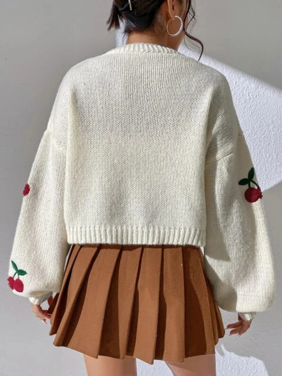 MALCIKLO Women s Open Front Loose Sweater Cardigan Cherry Embroidery Lantern Long Sleeve Cropped Jacket 241007