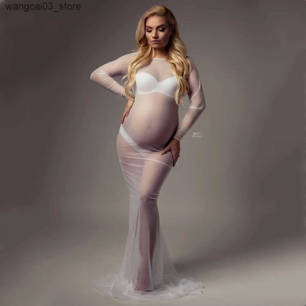 Maternity Dresses See Through Stretchy Mesh Maternity Photoshoot Dress Boat Neck Full Sleeve Skinny Pregnant Woman Mesh Long Dress L240910
