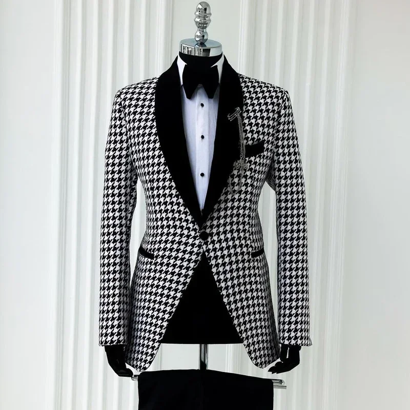 Houndstooth Suits For Men Check Wedding Groom Tuxedo Slim Fit 2 Pcs Plaid Business Fashion Blazer With Pants 2024
