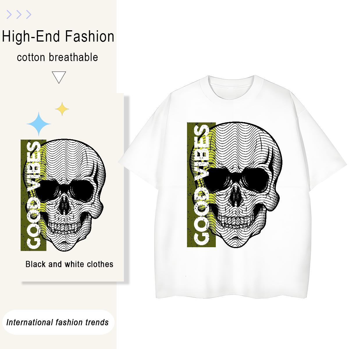 Fashion New Women T Shirts 100% Cotton 230g Breathable Crew Neck Street Wear skull Tshirt for Man Woman Loose Black Oversized Tee Shirt