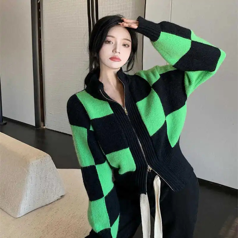 Korobov Korean Elegant Women Turtleneck Crop Cardigans Japanese Hit Color Plaid Harajuku Cardigan Vintage Zipper Sweaters 241007