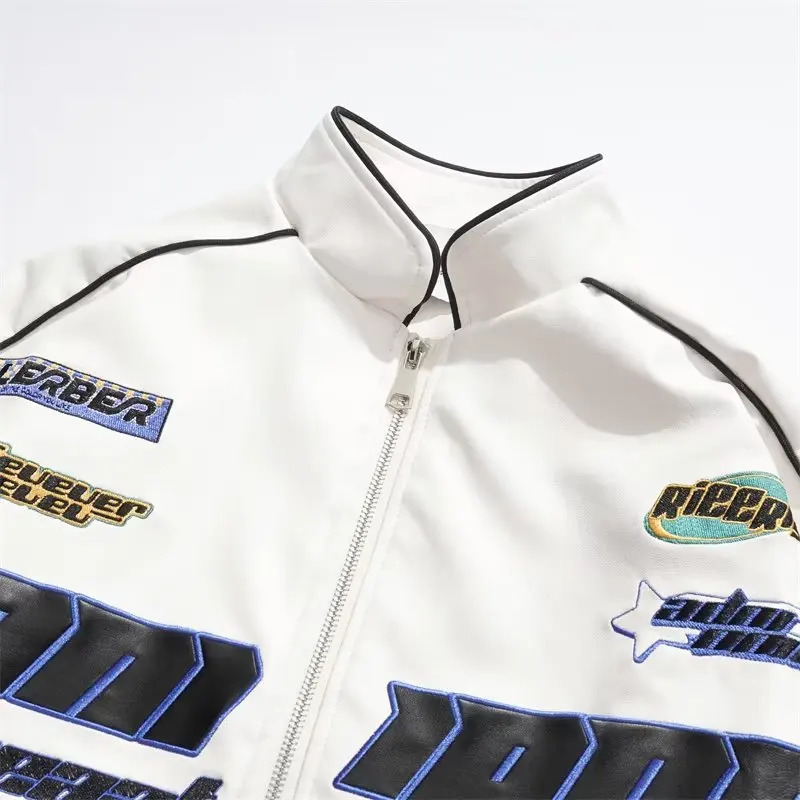 Embroidery leather jacket mens racing patch work street autumn ultra-fine Y2k PU baseball jacket retro couple jacket 241011