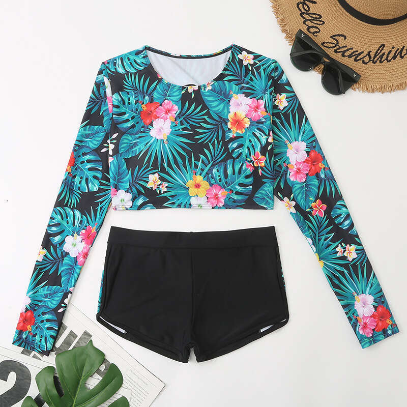 2024 Sexy Printed Long Sleeve Sunscreen Split Women's Sports Beach Bikini Swimsuit