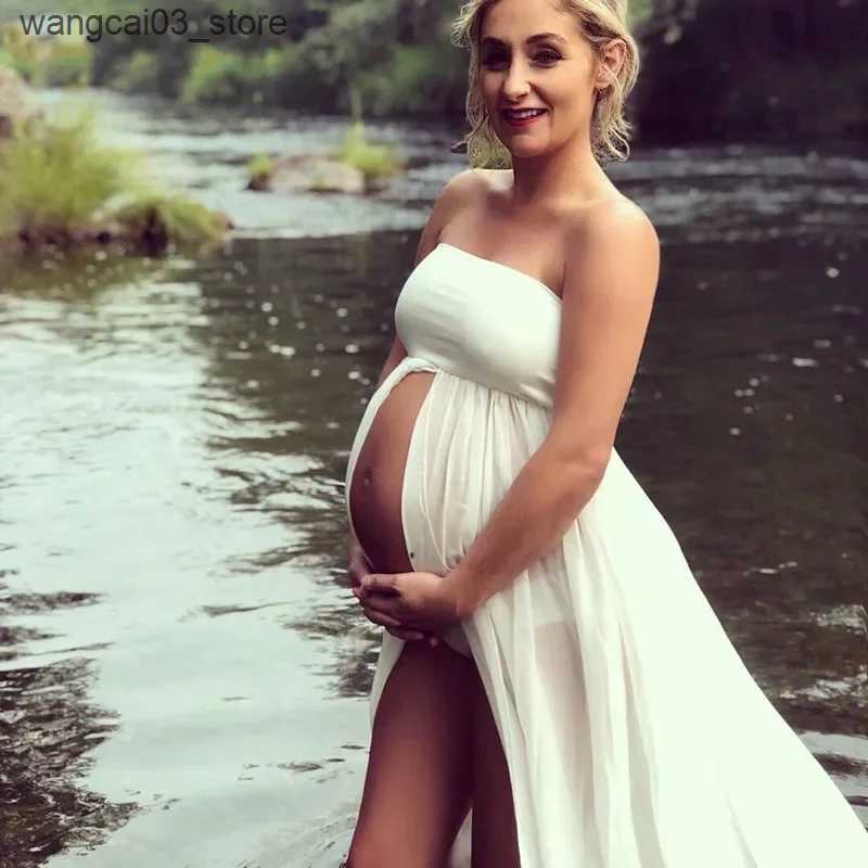 Maternity Dresses Summer Maternity Dresses Pregnant Women Slit Open Front Long Dress For PhotoShoot Pregnancy Chiffon Dress Photography Props L240910