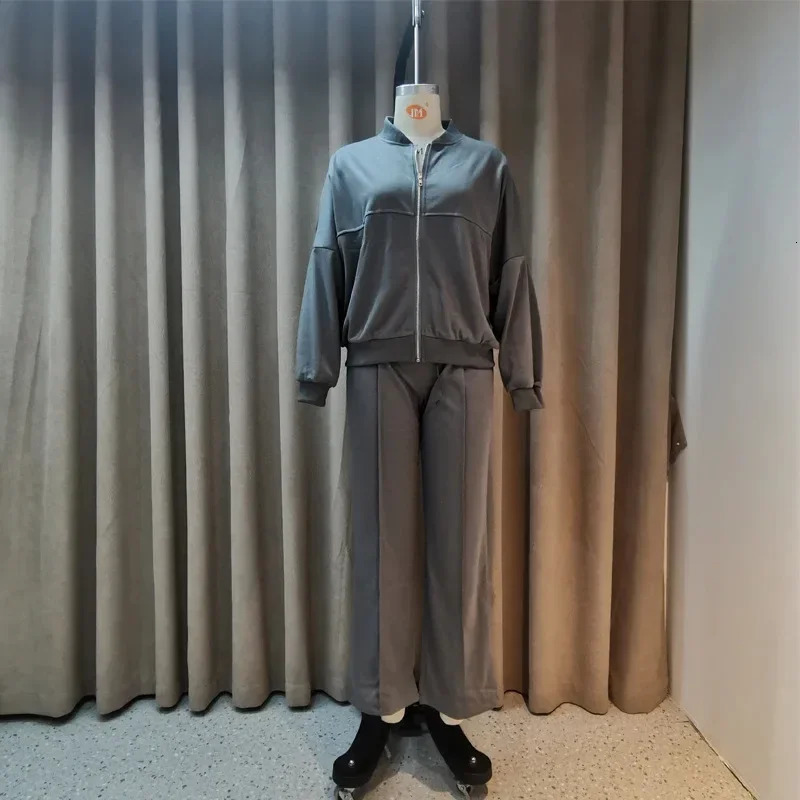 Womens twopiece long pants set solid loose casual full elegant zipper jacket wide leg high waist 241008