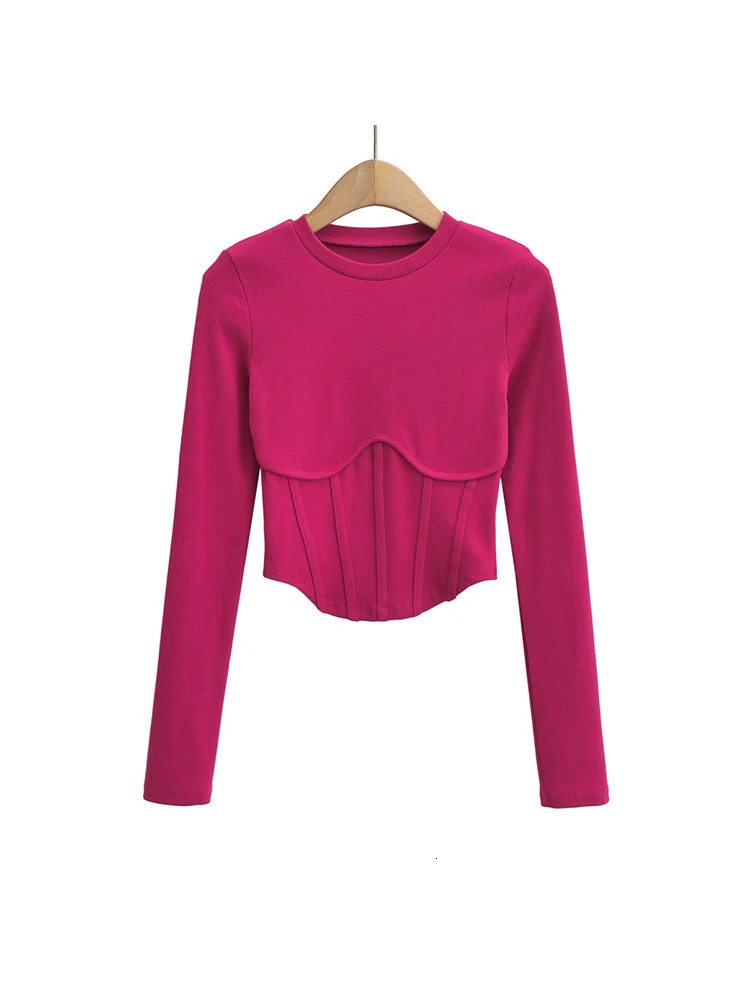 Vintage y2k streetwear white crop tops women long sleeve tees sexy o neck cropped t shirt bright line black cute ribbed 241011