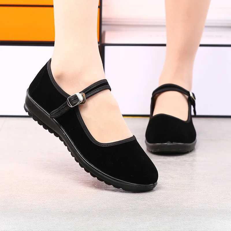 Womens Wedge Flat Shoes Spring New Fashionable Black Work Anti slip Rubber Sole Comfortable Belt Old Beijing Cloth Wedge Shoes Y241011