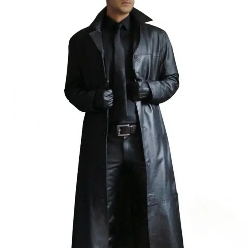 Men Jacket Clothing Polo Collar Solid Color Trench Style Slim Fitting Leather Long for 240930
