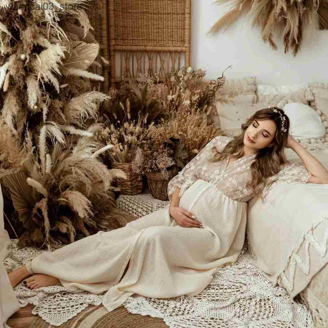 Maternity Dresses Boho Cotton Maternity Photo Shoot Dress Beige Bohemian Lace Stiches Cotton Pregnant Woman Photography Long Dresses L240910