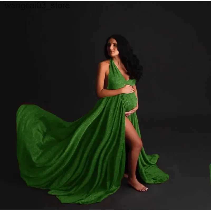 Maternity Dresses Glittering Silver Silk Maternity Dresses For Photo Shoot Sexy Split Front Pregnant Women Fancy Pregnancy Dress Photography Props L24