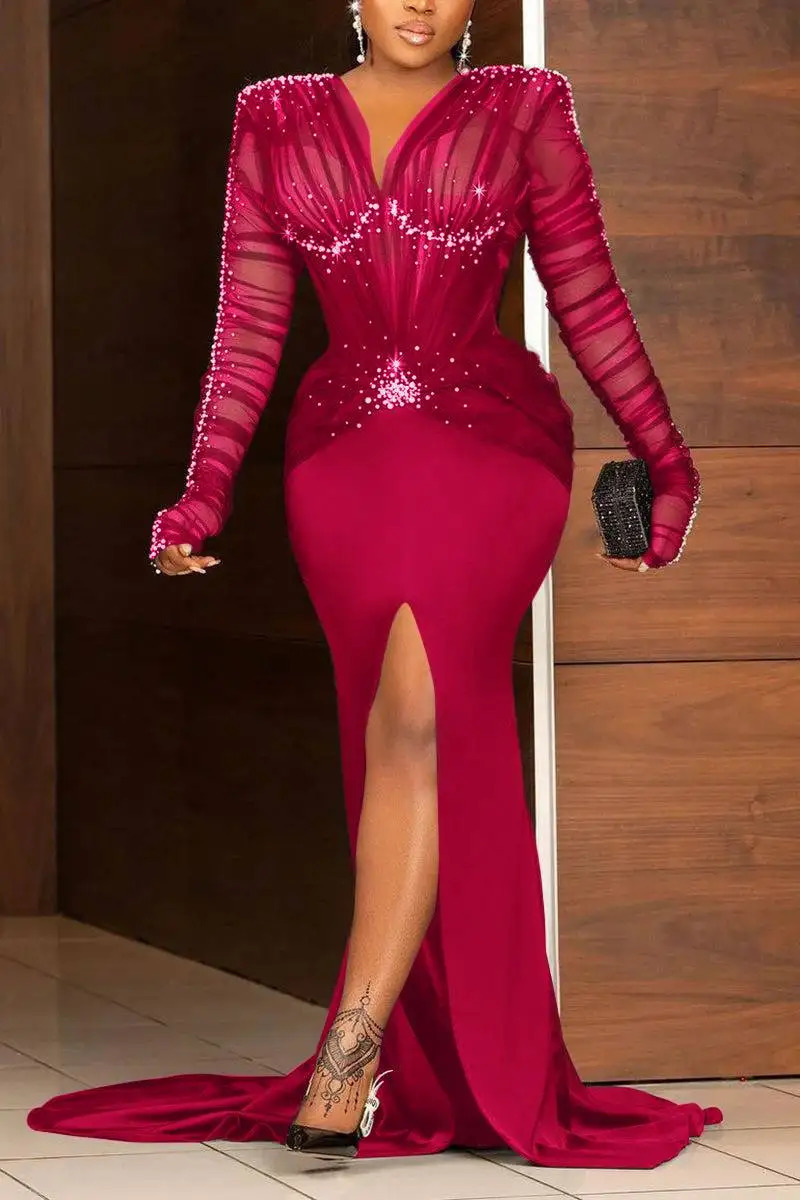 Womens evening gown plus size sequins ultrathin Paty Club elegant long sleeved pleated rhinestone pearl decoration slotted train Maxi dress 241007