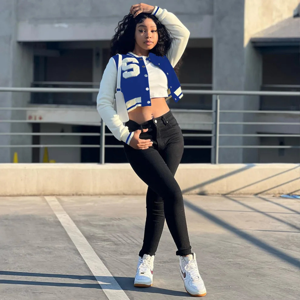 Blue baseball jacket womens letter printed button V-neck long sleeved red bomber jacket black baseball crop autumn top 241011