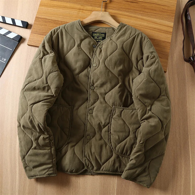 Retro Quilted Jacket Men Winter Collarless Cotton Padded Coat M65 Liner Lightweight Casual Loose Japanese Outwear Highquality 241011