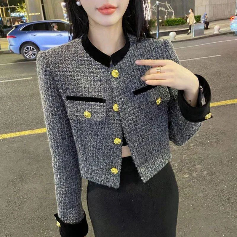 Simple coarse tweed short sleeved womens retro stand up collar single chest solid long sleeved jacket Korean womens casual top jacket 240930
