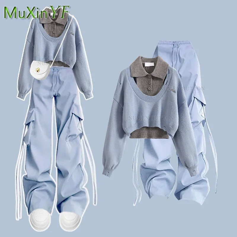 Womens Autumn/Winter Sportswear Set Korean Elegant Knitted SweaterTank TopCasual Cargo Pants 3-Piece Set 241010